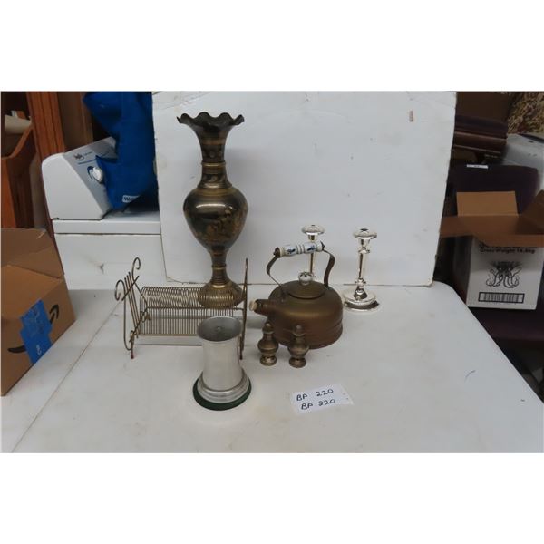 Brass Kettle, 18" Vase, Mail/Record Holder, Silver Plated Mug and Candle Sticks