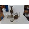 Image 1 : Brass Kettle, 18" Vase, Mail/Record Holder, Silver Plated Mug and Candle Sticks