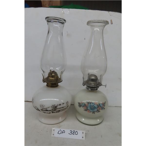 2 Oil Lamps with Milk Glass Bases 14 1/2'' Tall