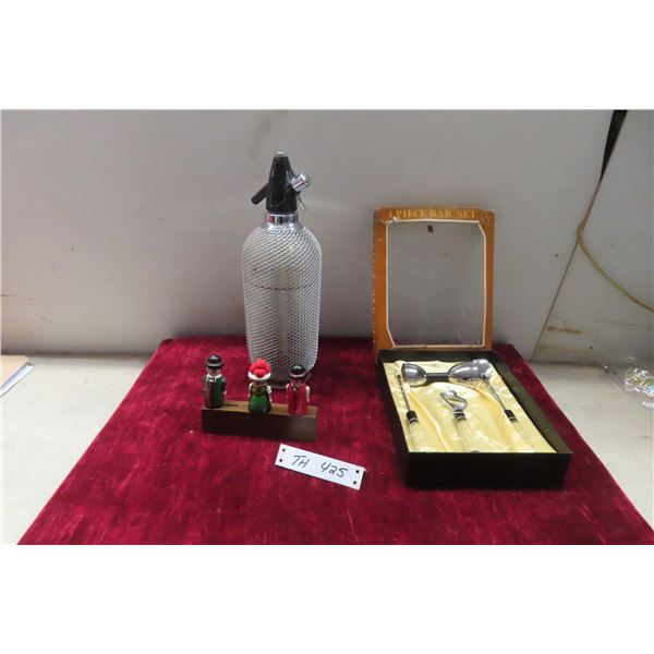 Silver Glass Mesh 1960's Soda Seltzer Bottle, 4PC Bar Set 