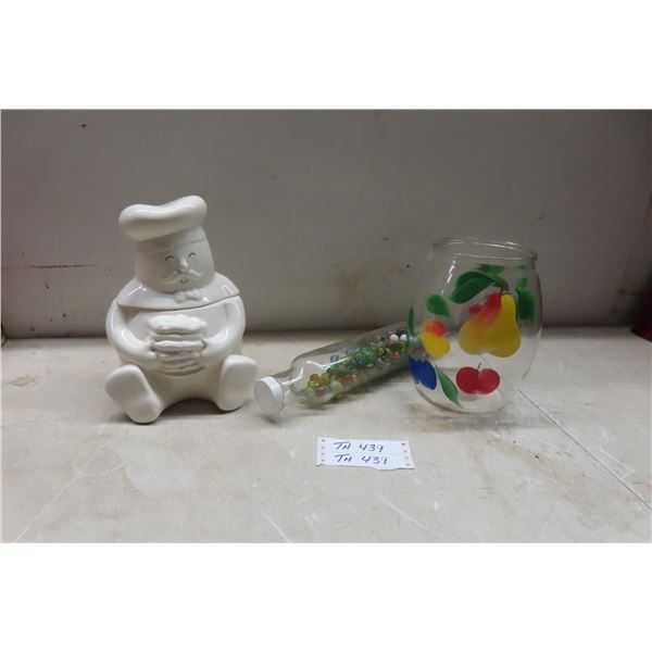 Hand Painted Vase, Glass Rolling Pin Filled with Marbles and Cookie Jar