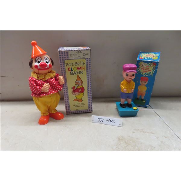 Vintage Pot Belly Clown Bank and Weewee Water Squirter Both with Original Boxes