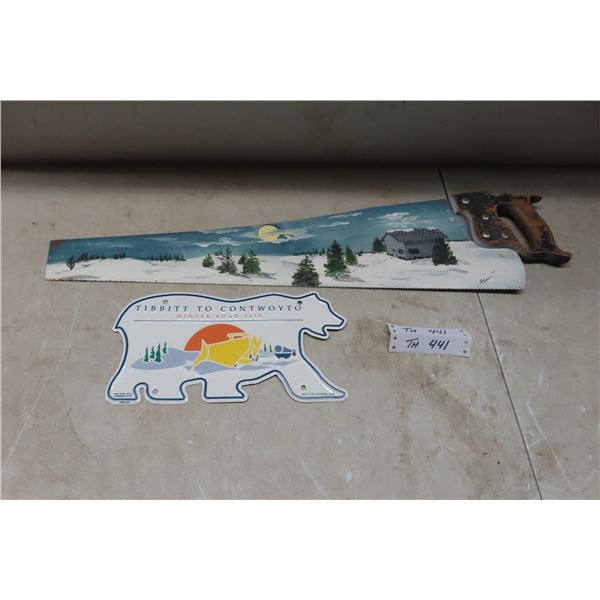 Hand Painted Saw and Novelty Plate 'Winter Road 2015'