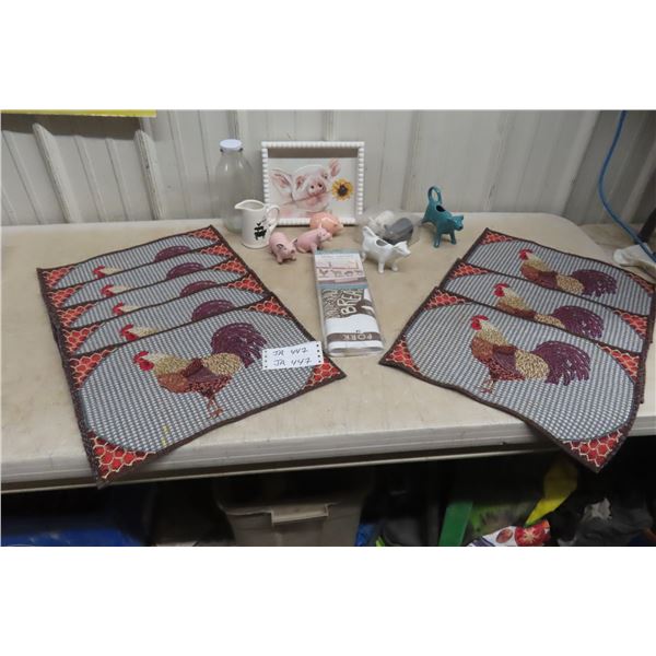 8 Rooster Place Mats, Cow Creamers, Piggy Salt Pepper Shakers and Wall Decals