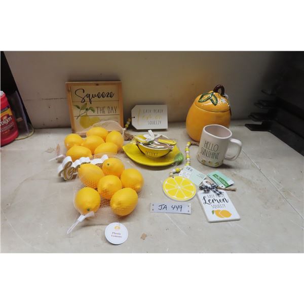 Lemon Décor: New Cookie Jar, Coffee Mug, Slogan Signs, Plastic Lemons and Dessert Bowl Set
