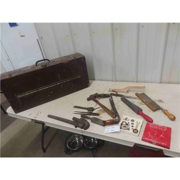 Antique Carpentry Tool Box with Some Tools; Saws, Draw 