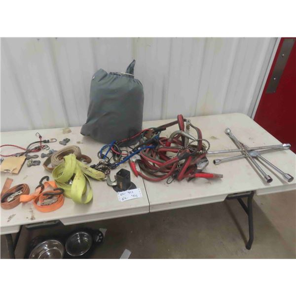 Booster Cable, Tire Iron, Tow Strap, Ratchet Load Strap, Battery