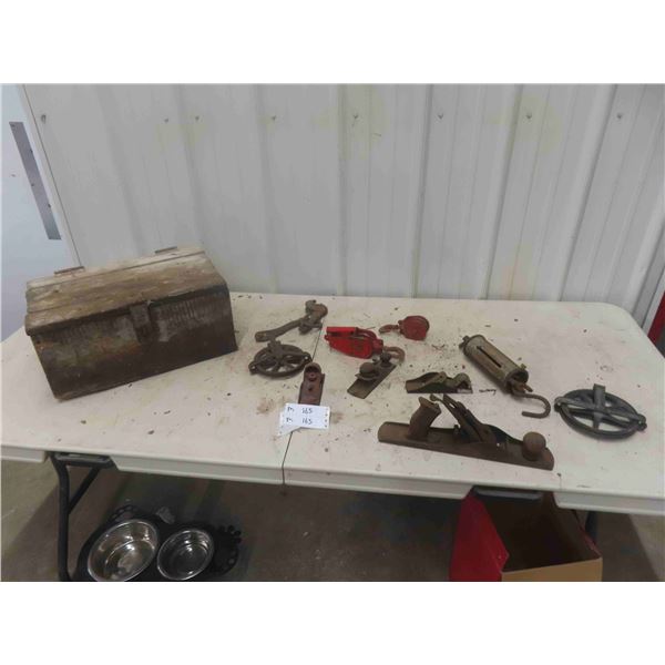 Wood Crate, Sargent 300lbs Hanging Scale, Pulleys, 