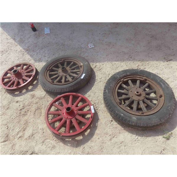 4 Wood Spoked Auto Rims, (2) with Rubber 