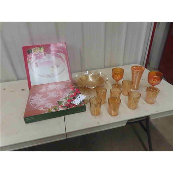 2 Glass Trays, Carnival Berry Bowl, Vase & Glasses 