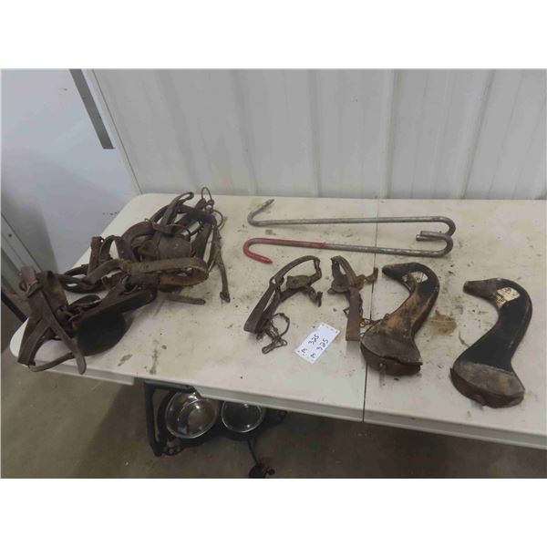 2 Meat Hooks, 2 Victor Leg Traps, Wood Goose Decoy 