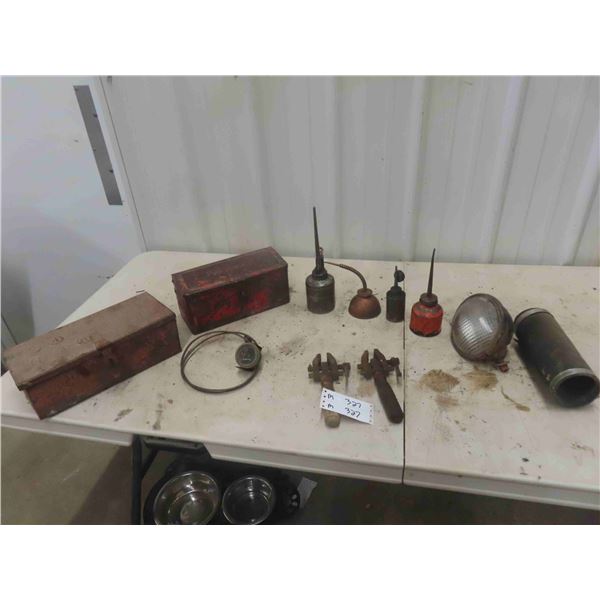 Fordson Tool Box, Oil Squirt Cans, Gauges, Handled Vice 