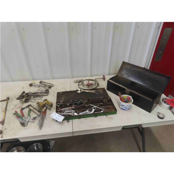 Wrenches, Sockets, Chainsaw Sharpener, Metal Toolbox 