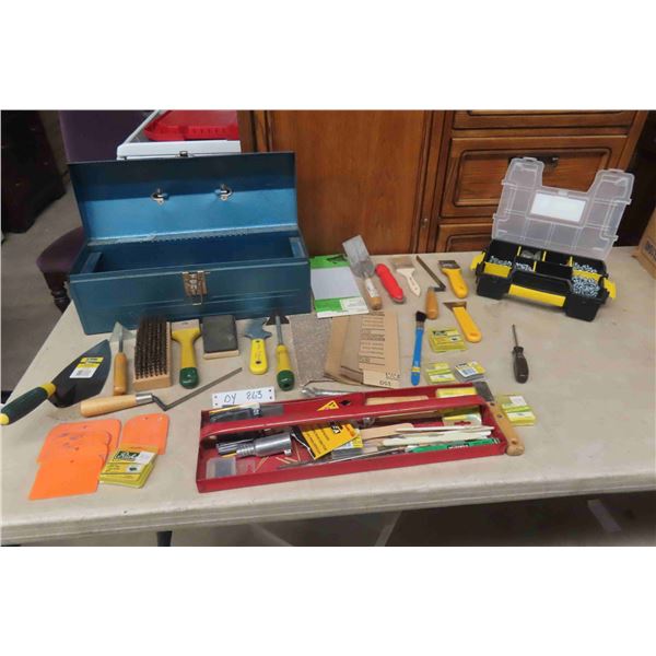 Tool Box with Sand Paper, Scrapers, Trowels, Screws & 