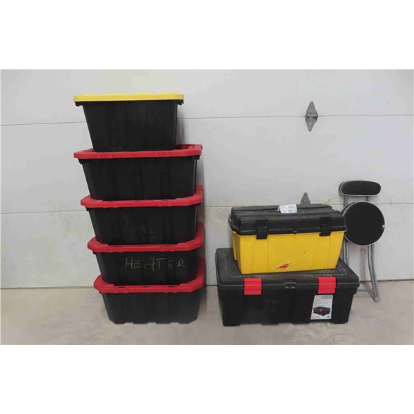 6 Totes with Lids, Poly Tool Box and Folding Stool 