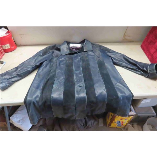 Navy Leather/Black Suede Button Up Coat Size XL 