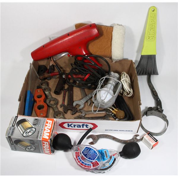 FLAT OF GARAGE ITEMS, NEW OIL FILTER