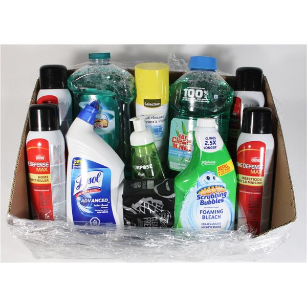 BOX OF CLEANING SUPPLIES INCLUDING SCRUBBING