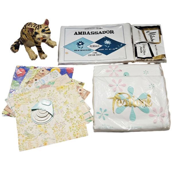 VINTAGE PAPER  MACHE CAT  WITH SHEETS OF VINTAGE G