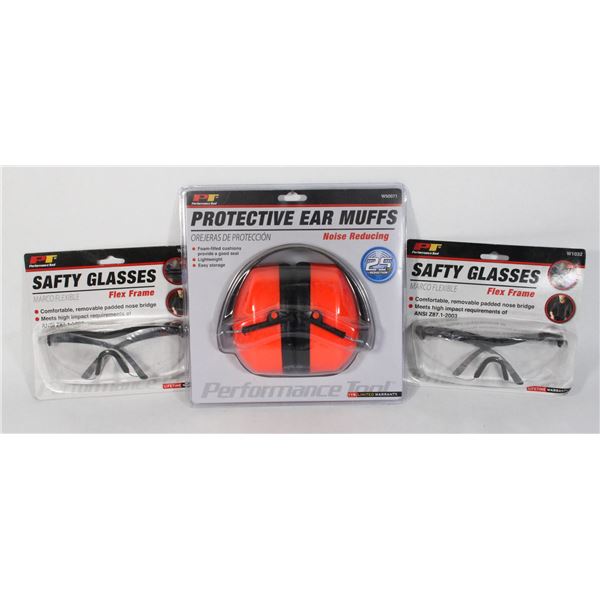 TWO NEW PAIRS OF SAFETY GLASSES AND A SET OF EAR