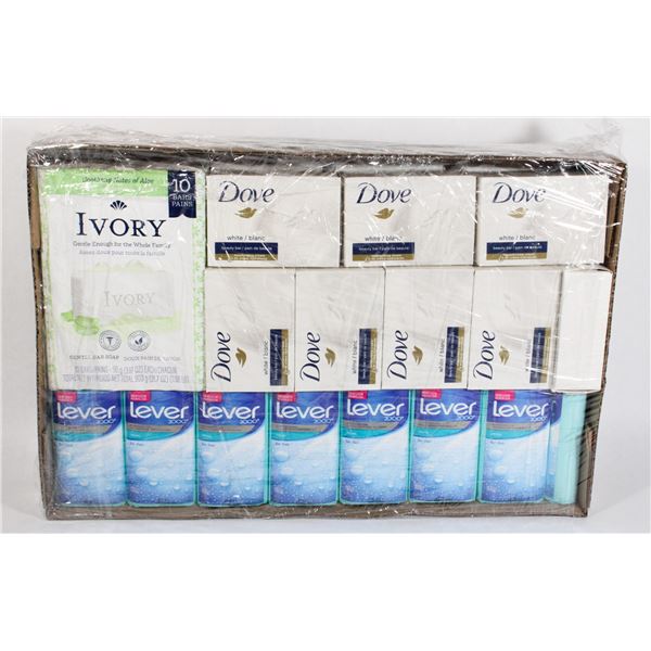 BOX OF BAR SOAP INCLUDING DOVE, IVORY, AND