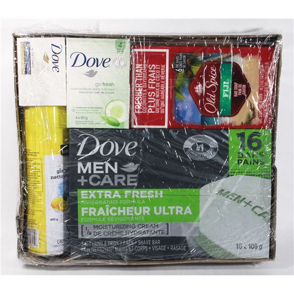 BOX OF BAR SOAP INCLUDING DOVE MEN, DOVE GO