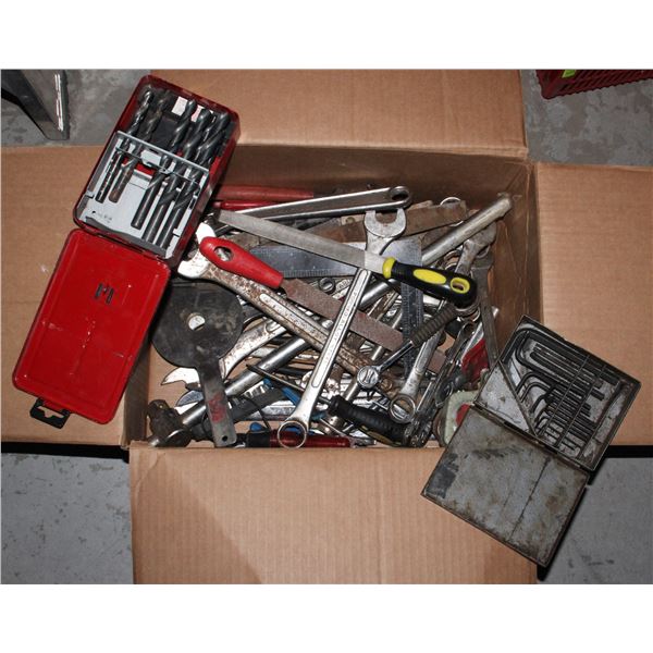 BOX OF TOOLS INCLUDING WRENCHES, FILES, ALLLEN KEYS