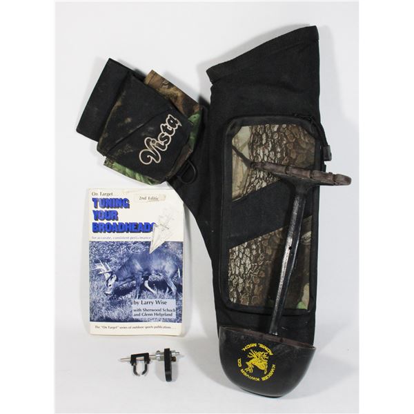 BOX OF ARROW HUNTING SUPPLIES AND HUNTING