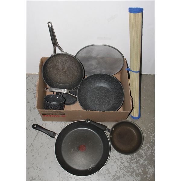 BOX OF KITCHEN COOKING POTS AND PANS