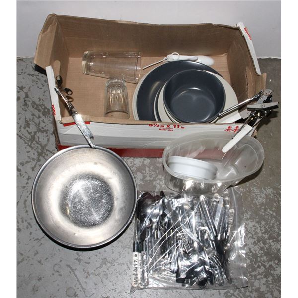 DISHES, CUTLERY, KITCHEN ITEMS.