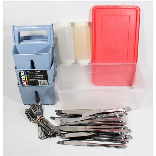 CONTAINER OF FORKS AND BUTTER KNIVES WITH