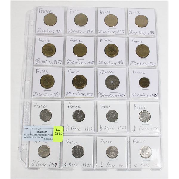 20 COINS ALL FRANCE  PAGE 2 OF 5 NO DUPLICATES SET