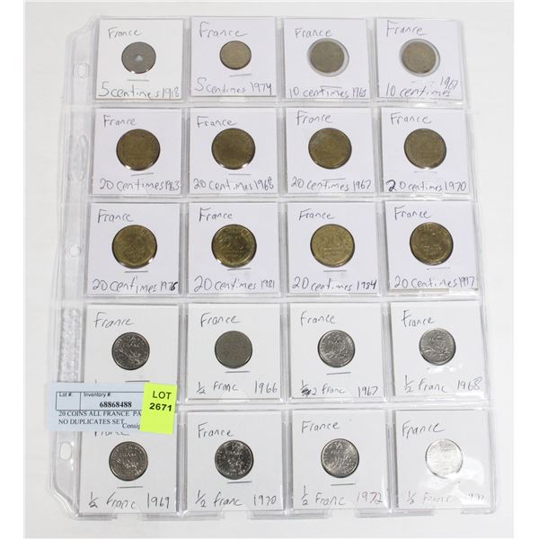 20 COINS ALL FRANCE  PAGE 1 OF 3 NO DUPLICATES SET