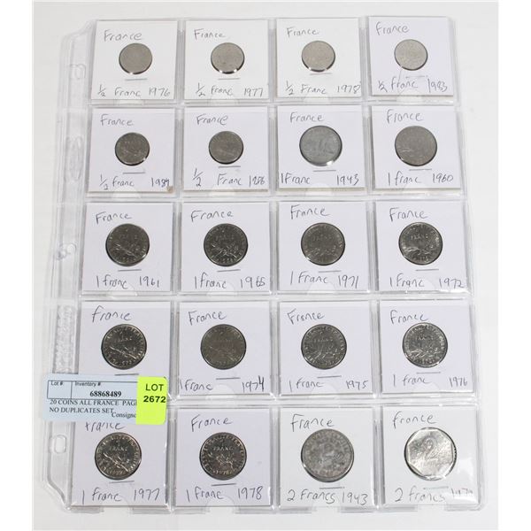 20 COINS ALL FRANCE  PAGE 2 OF 3 NO DUPLICATES SET