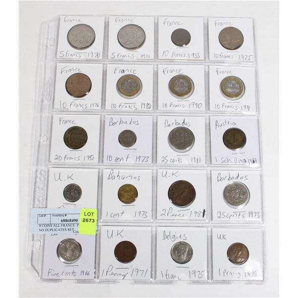 9 COINS ALL FRANCE  PAGE 3 OF 3 NO DUPLICATES SET