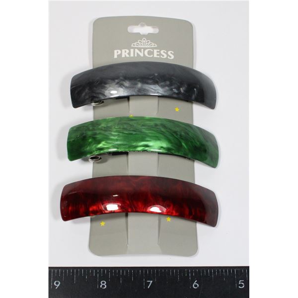 3 NEW ACRYLIC FRENCH CLIPS GREY, GREEN, AND RED