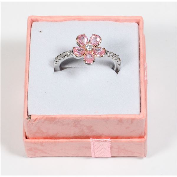 NEW SIZE 7 SILVER TONE ZIRCONIA PINK FLOWER RING