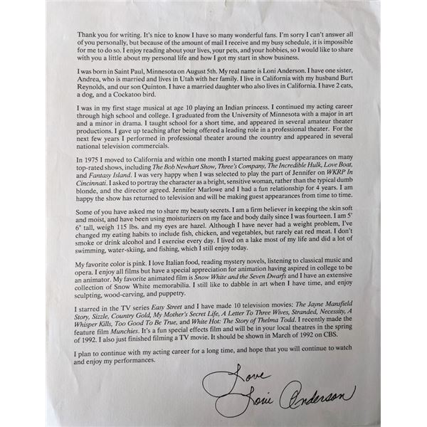 Stroker Ace Loni Anderson Facsimile signed letter