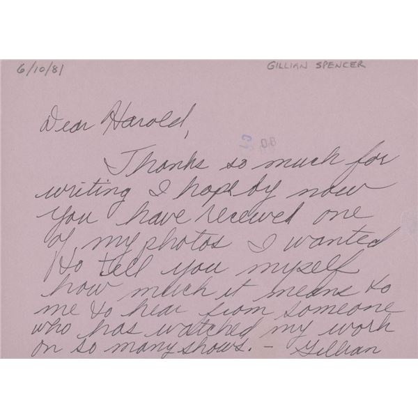 The Secret Storm Gillian Spencer handwritten and signed post card