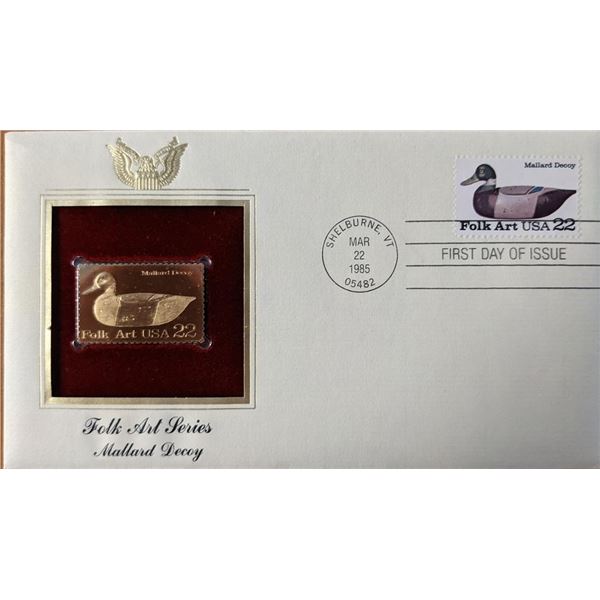 Folk Art Series Mallard Decoy Gold Stamp Replica First Day Cover