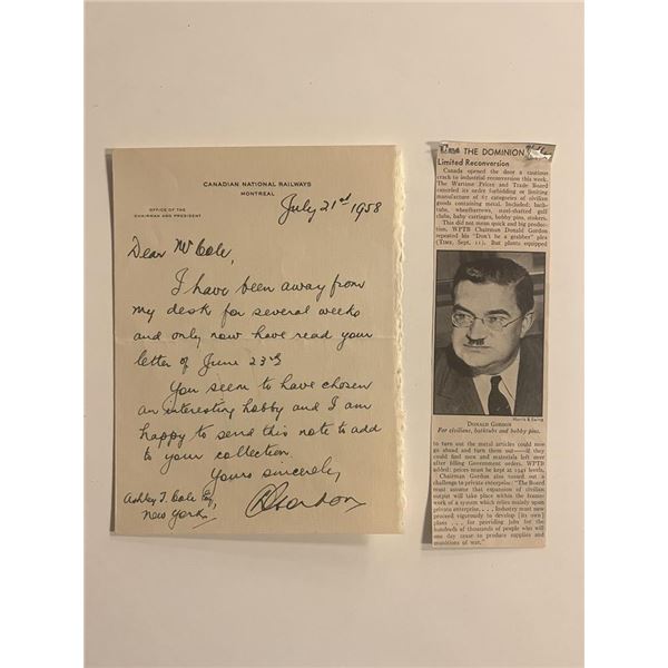 Former President of the Canadian National Railways Donald Gordon signed letter with newspaper clippi