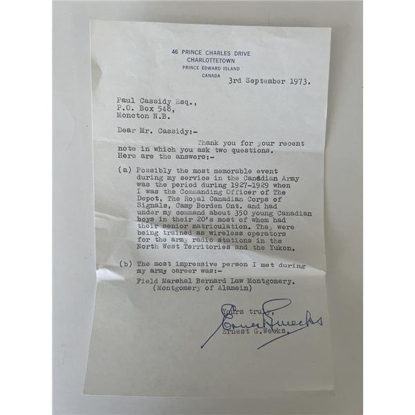 Lt. Colonel Ernest G. Weeks signed typed letter