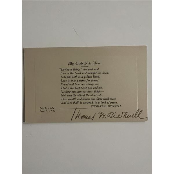 American Historian Thomas W. Bicknell signed poem