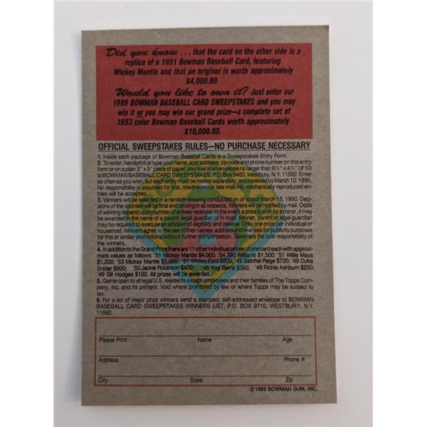 Mickey Mantle 1951 Bowman Baseball Card Replica