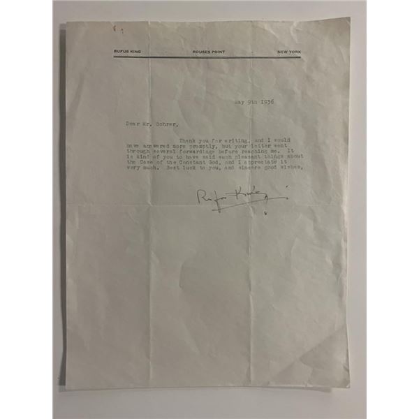Crime Novelist Rufus King signed letter