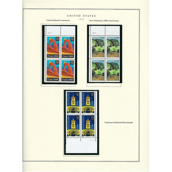1996 US stamp collector sheet featuring Utah, Iowa and Tennessee Statehood stamps