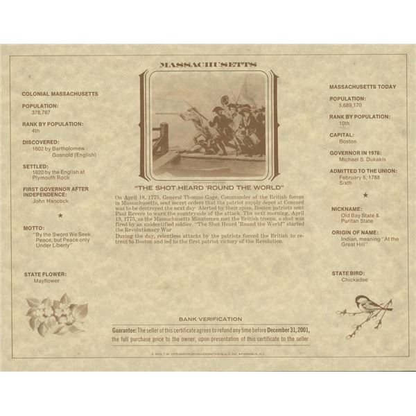 American Revolution Bicentennial Commemorative One Dollar Certificate, Massachusetts