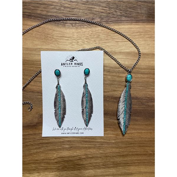 Feather Pendant Necklace and Earrings Set