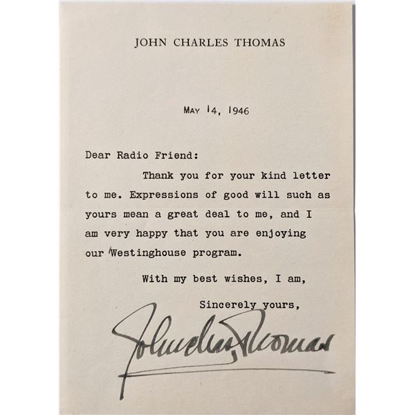 John Charles Thomas Signed Note