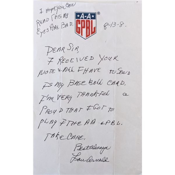 Womens Baseball Louise Veronica Arnold signed note